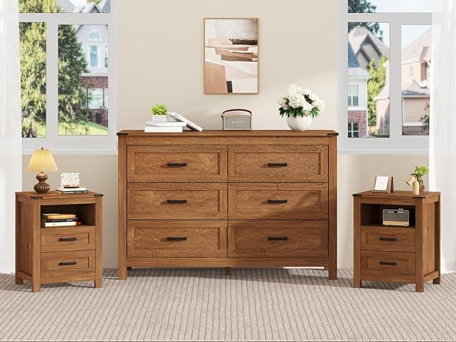 EazeHome 3 Piece Bedroom Set - Includes 6 Drawer Dresser for Bedroom, Set of 2 Nightstands with Open Storage Shelf and Drawers, Retro Dresser and Nightstand Sets, Rustic Brown - Image 1