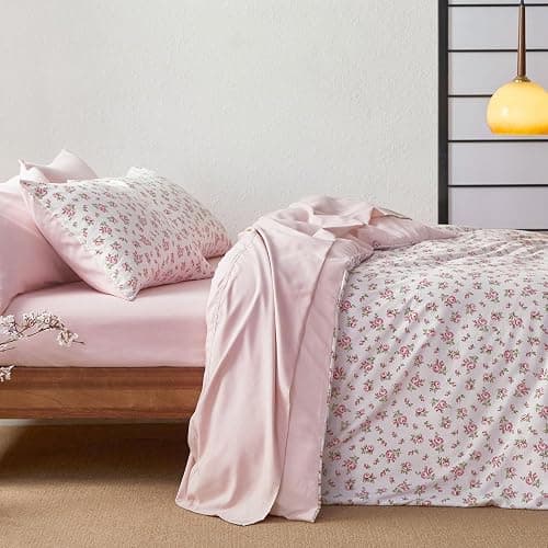 Wake In Cloud - Coquette Duvet Cover Set, Floral Cottagecore Flower Shabby Chic Cute Aesthetic, Soft Lightweight Bedding for Women Teen Girls, 3-Piece, Pink, Full Size thumbnail 4