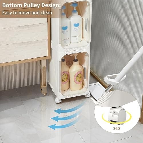 2-Tier Narrow Storage Cabinet Slim Bathroom Skinny Organizer with Wheels | Slim Storage Cabinet with Lockable Rolling Wheels Adjustable Detachable Shelves Snap Assembly for Small Spaces,Snow White thumbnail 6