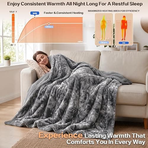 PFASDFW Heated Electric Blanket Throw 50''x60'' - Fast Tie-Dye Heating Blanket, Washable Heat Blanket 10 Heating Settings, 8h Timer Auto Off & Heated Protection, Soft Flannel & Sherpa Material thumbnail 3