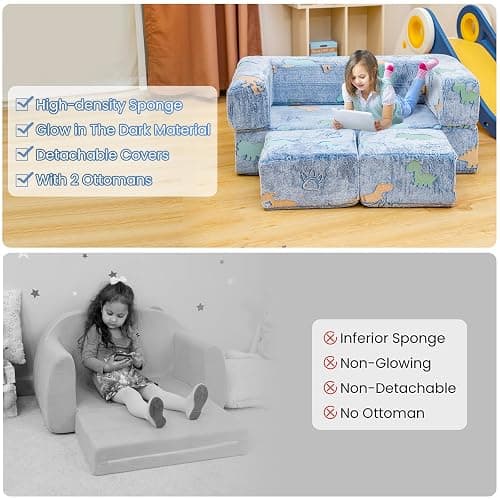 furlinkhm Toddler Couch, Glow in The Dark Kids Play Couch Toddler Fold Out Couch, Kids Fold Out Couch for playroom, Convertible Baby Fold Out Play Foam and Floor Cushion for Bedroom, Blue+Dinosaur - Blue+dinosaur - Toddler Couch thumbnail 9