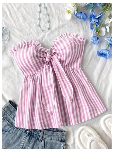 MakeMeChic Women's Striped Bandeau Shirt Bow Knot Frill Trim Ruffle Hem Shirred Summer Y2k Tube Top thumbnail 5