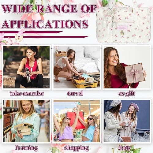Yeyeplum Pink Coquette Bag White Floral Handbag Kawaii Handbag Coquette Bow Quilted Duffle Bag for Women Shoulder Purse with Bow Pearl Keychain for Christmas Gifts Business Travel Trip thumbnail 4