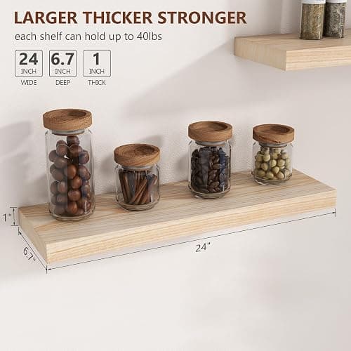 fuqing Natural Wood Floating Shelves for Wall - 24 Inch Wood Shelves Set of 2 - Natural Wooden Wall Shelves for Living Room Bedroom Home Office thumbnail 3