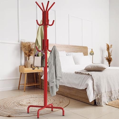 SIMPLE HOUSEWARE Standing Coat and Hat Hanger Organizer Rack, 12 Hooks, Red thumbnail 4