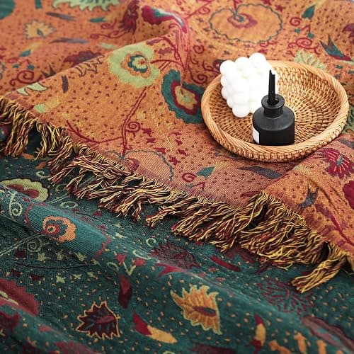 Boho Throw Blanket for Bed 100% Cotton Ultra Soft Rustic Quilt Farmhouse Decor Bed Fall Blanket,All Season Rustic Throw for Sofa Couch Chair (Flower-Dark Green, 60"×80") thumbnail 6