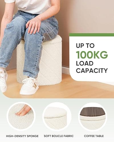 B FSOBEIIALEO Ottoman with Storage, 33cm Boucle Round Ottoman, Cream White | Ottomans with Removable Tray Lid, Foot Rest Stool, Twisted Design Coffee Table, for Dorm, Living Room thumbnail 6