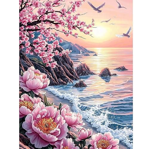 QENSPE Diamond Painting Art Kits for Adults, 5D DIY Sunset Seaside Diamond Art Round Full Drill Kits for Beginners, Pink Flowers Gem Peinture Diamant Craft Home Wall Decor Gift 30x40cm - Image 1