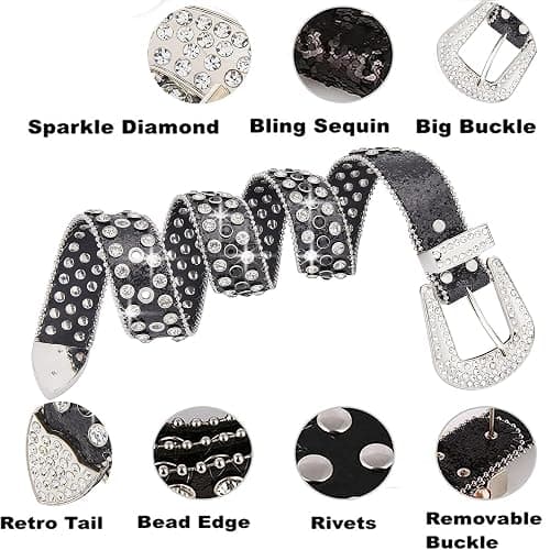 VXRXAL Men Fashion Rhinestone Belt Western Bling Studded Design Leather Diamond Belt for Jeans thumbnail 4