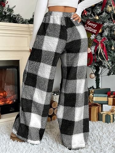 ZAFUL Women's Fuzzy Plush Pajama Pants Drawstring Elastic Waist Wide Leg Teddy Pj Bottoms Lounge Pants thumbnail 5