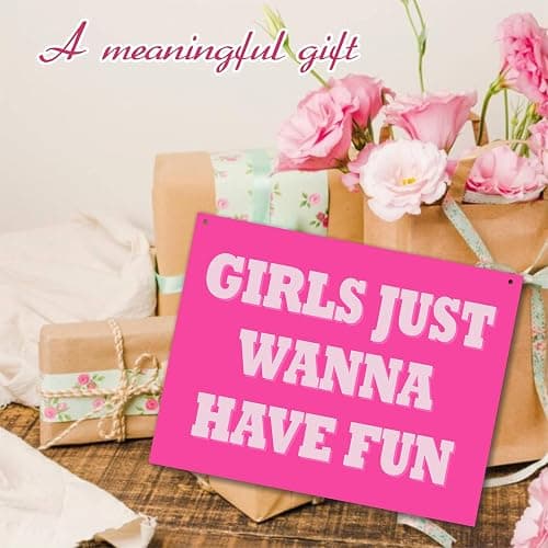 Girls Just Wanna Have Fun - 8"X10" Hanging Wooden Plaque - 1 Wood Sign & 1 Sisal Rope, Hot Pink Welcome Hanger For Girl's Room, Front Door, Home & Office Decorations - E08 thumbnail 4