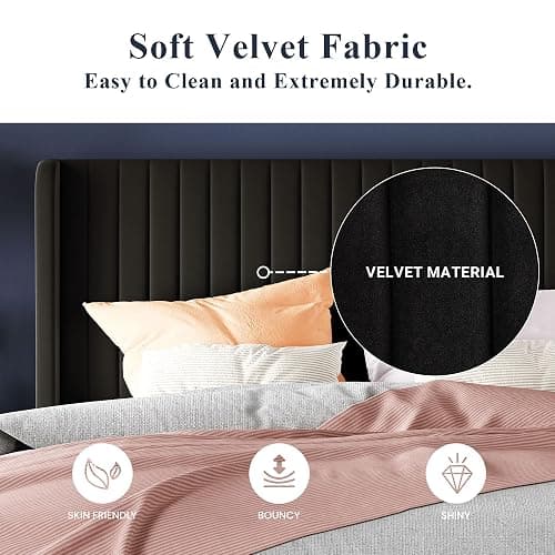 Allewie Full Size Velvet Bed Frame/Vertical Channel Tufted Wingback Headboard/Upholstered Platform Bed/Strong Wooden Slats/No Box Spring Needed/Easy Assembly/Black thumbnail 5