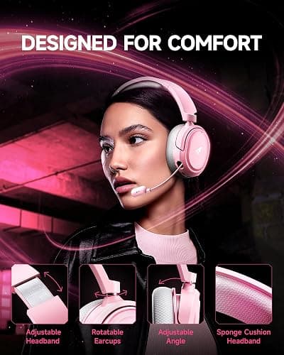 Wireless Gaming Headset, 7.1 Surround Sound, 2.4GHz USB Gaming Headphones with Bluetooth 5.4, 100H Battery, ENC Noise Canceling Mic, RGB Light, Wireless Headset for PC PS5 PS4 Mac Switch (Gray-Pink) thumbnail 6