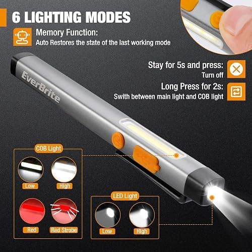EverBrite Pen Flashlight, Rechargeable LED Pen Light, COB Light with White and Red Modes, Memory Function, USB C Cable, 6 Modes Pocket Penlight with Clip and Magnet, Waterproof, for Camping, Emergency thumbnail 2