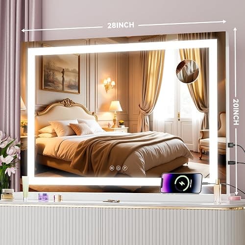 Batuso Vanity Mirror with Lights, 28" x 20" LED Makeup Mirror with 10X Magnification, Dimmable 3 Modes, Memory Function, Smart Touch, USB Charging Port, Lighted Makeup Mirror Square White thumbnail 3