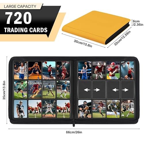 12 Pocket Zipper Trading Card Binder, 720 Large Capacity Side Loading Non-Ring Card Album, Double Sided Acid-Free Card Protector Binder for TCG, MTG, Sport Card, Yellow thumbnail 2