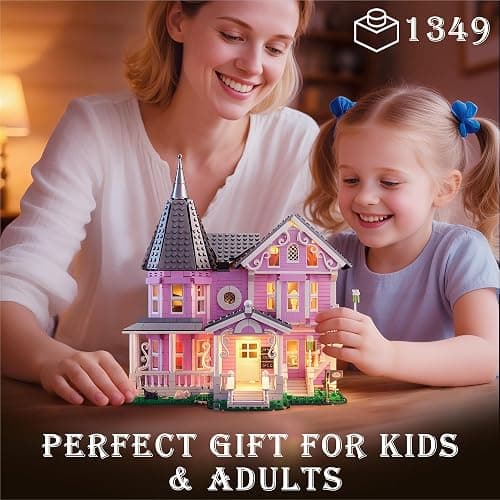 Pink Palace Apartment Building Set with Lights, 1349PCS Halloween Haunted House Blocks Compatible with Lego, Christmas Birthday Gifts for Kids & Collectors Aged 8+ thumbnail 6