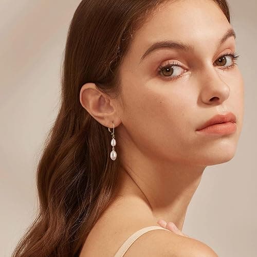 LANCHARMED 14K Gold Pearl Dangle Earrings for Women，925 Sterling Silver Double Pearl Drop Earrings，Leverback Irregular Pearl Hypoallergenic Earrings thumbnail 6