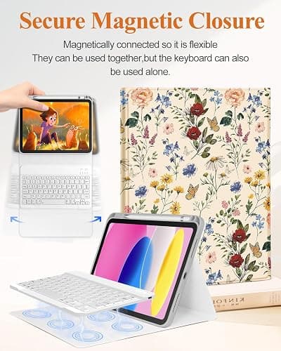 Wazzasoft for iPad 10th Generation Case with Keyboard - for iPad A16 Cases Pencil Holder 10.9 Inch Cover Women Girls Cute Girly Floral Flower Design Funda for Apple Tablet 10th/11th gen thumbnail 4