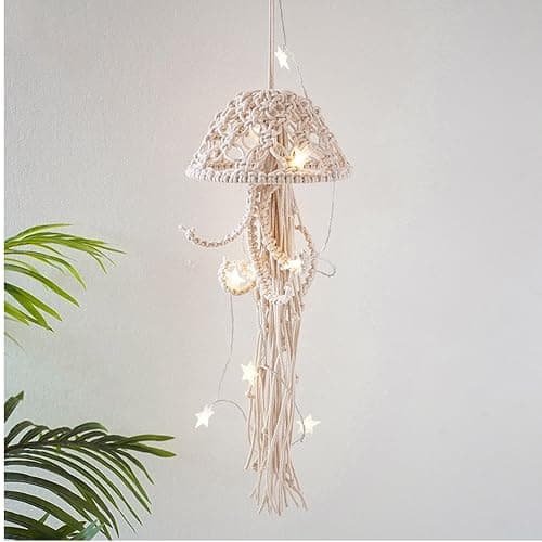 Macrame Wall Hanging,Jellyfish Dream Catcher with Star Lights,Bohemian Woven Wall Art Decor Beautiful Apartment Dorm Room Door Decoration (White) - Image 1