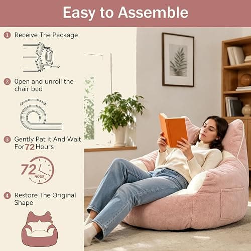 Bean Bag Chair for Teen Adults, Memory Foam Fluffy Cat Bean Bag for Personal Apartment, Bedroom and Living Room Accent Floor Chair Sofa for Comfy Relaxing Reading（Pink） thumbnail 3