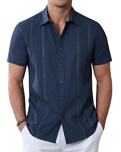 Alimens & Gentle Men's Cuban Guayabera Shirts Cotton Linen Short Sleeve Button Down Shirts Casual Summer Beach Camp Shirt - Image 1