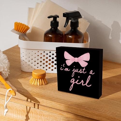 CUANFDDSF Trendy Black Pink Bow Coquette Room Decor Wooden Box Sign, Coquette Party Decor, Girls Room i’m Just a Girl Girly Bowknot Signs for Home Dorm Wall Desk Shelf Tabletop Decoration thumbnail 4