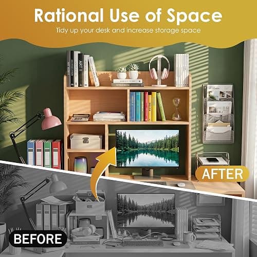 JupiterForce Desktop Bookshelf, Wooden Desktop Hutch Desk Shelf Storage Rack for Home Office, Study, Dorm Room, Multi-Compartment Desktop Organizer (Natural, 4 Shelves) thumbnail 5
