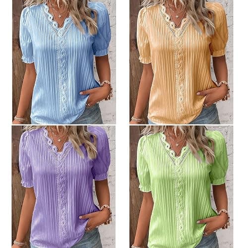 LAKEMON 2023 V Neck Plain Lace Elegant Shirt,Short Sleeve Shirt for Women Loose Top thumbnail 2