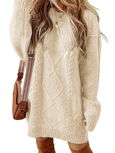 Women's Cable Knit Sweater Dress Long Sleeve Loose Crew Neck Pullover Tunic Mini Sweater Dress Fall Winter Outfits - Image 1