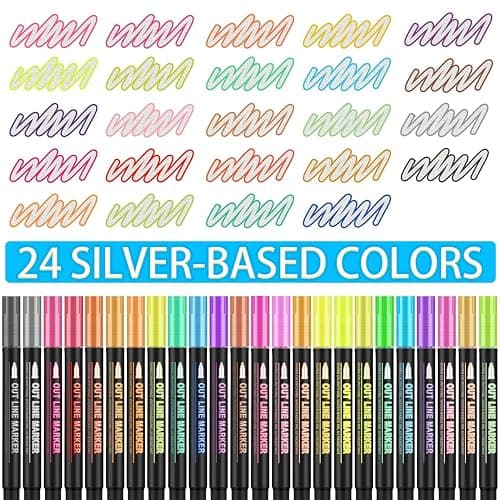 Double Line Outline Markers 24 Colors Super Squiggles Glitter Markers Self Outline Metallic Markers, Doodle Shimmer Markers Drawing Pens for Christmas Greeting Card, Birthday Gift, DIY Art Crafts thumbnail 2