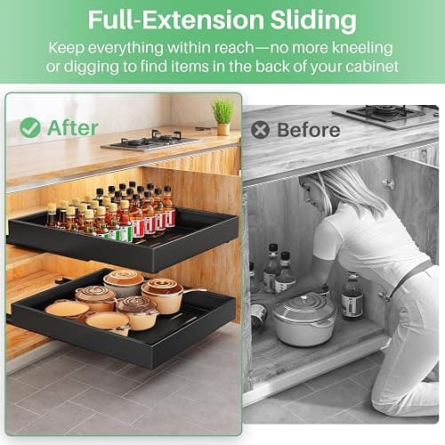 SAYZH Pull Out Cabinet Organiser, Heavy Duty Slide Out Drawer Storage Shelves for Kitchen Cupboard, Extendable Sliding Drawer(43 CM Depth x 25 CM Width x 9CM Height), No Need Drill(Black) thumbnail 6