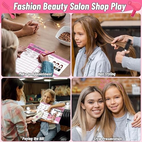 Gifts2U Hair Salon Toys for Girls, Girl Beauty Salon Playset Pretend Hair Styling Set with Blow Dryer, Barber Costume Apron, Scissors Styling Manu, Fake Money and Functional Stylist Accessories. thumbnail 7