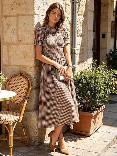 RIHOAS Plaid Gingham Midi Dress Short Sleeve Smocked Dresses for Women | Cotton,Ruffle Puff Sleeves,Vintage Brown,Spring Summer Casual Daily,Picnic,Travel,Vacation,Christmas Festive Occasions thumbnail 5