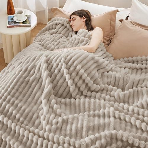 Bedsure Bedroom Decor Linen Blanket Queen Size Bedding Gifts for Women Men, Soft Fluffy Fleece Cozy Fuzzy Plush Warm Queen Blanket for Bed, Spring Decor Beige Gifts for Her Him, 90x90 thumbnail 4