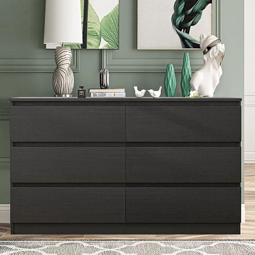 Vibe & Dine Double Dresser 6 Drawer, Modern Chest of Drawers with Wide Storage for Closet, Bedroom, Living Room, Black thumbnail 2
