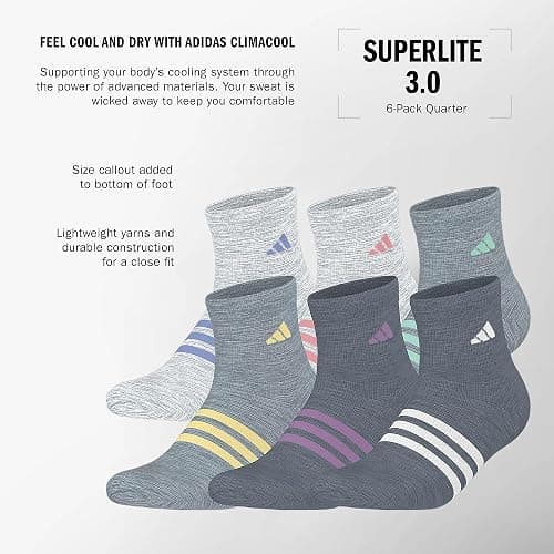 adidas Unisex Kids Quarter Ankle Socks for Boys and Girls Youth (6-pack) Superlite Breathable and Lightweight Discontinued thumbnail 4