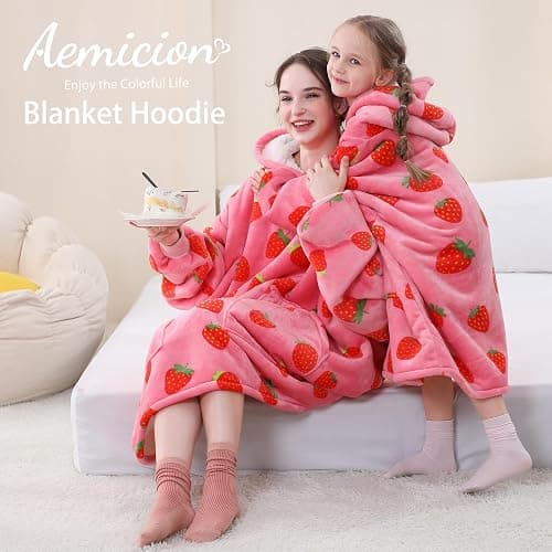 Aemicion Strawberry Blanket Hoodie,Oversized Wearable Blanket,Sherpa Hooded Blanket,Warm Cozy Sweatshirt Blanket Gifts for Women Girls Adult - Strawberry/Adult - Adult thumbnail 6