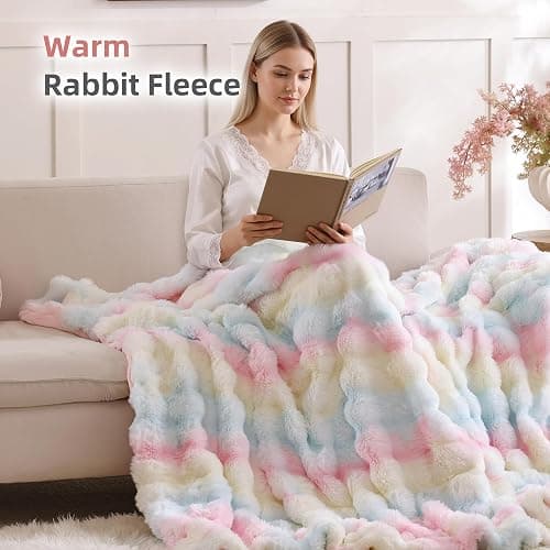 Smoofy Faux Fur Throw Blanket for Couch – Rainbow Fluffy Cozy Rabbit Fleece, Plush Soft Bubble Blanket for Sofa & Bed, for Mom, Warm Fuzzy Home Room Decor Throw 50" x 60" thumbnail 6