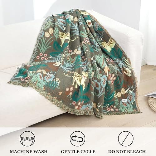 Boho Throw Blanket for Bed 100% Cotton Soft Lightweight Quilt Blanket Twin Forest Tiger Embroidery Home Decor Breathable Bed Blankets,60"×80" All Season Throw for Sofa Couch Chair thumbnail 5