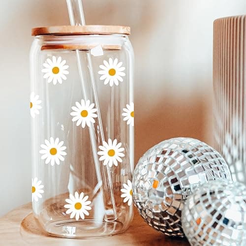 Cute Glass Cups with Lids and Straws, Daisy Design Iced Coffee Smoothie Matcha Cup, Aesthetic Mug Tumbler, Flower Drinking Glasses, Birthday Gifts for Women Coffee Lover Preppy Teen Girl Trendy Stuff thumbnail 6