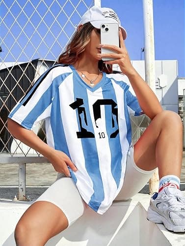 Oversized Jersey Shirts for Women Argentina Jersey Brazil Shirt Pink Soccer Mom Tshirts Y2k V Neck Short Sleeve Top thumbnail 4