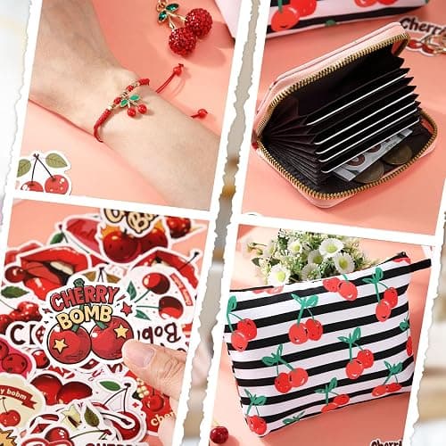 Landical 59 Pcs Cherry Gift for Women Include Themed Tumbler Mug Makeup Bag Sock Bracelet Necklace Scrunchie Wooden Ornament Greeting Card in Gift Box for Christmas Holiday thumbnail 4