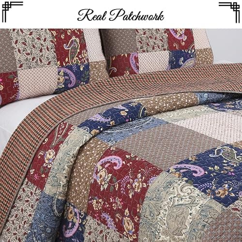 Cozy Line Home Fashions 100% Cotton Hand Piecing Real Patchwork Brown Floral Reversible Quilt Bedding Set Coverlet Bedspread for All Seasons (Red Navy, Queen - 3 Piece) thumbnail 3