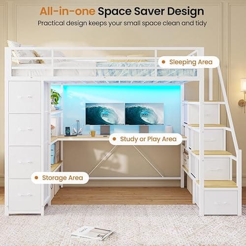 DICTAC Loft Bed Twin Size with Storage Stairs,Desk and Charging Station,Metal Twin Loft Bed with LED Lights,8 Storage Drawers,3-tier Shelves,Loft Beds for Kids,Teens,Adults with Safety Guardrail,White thumbnail 9