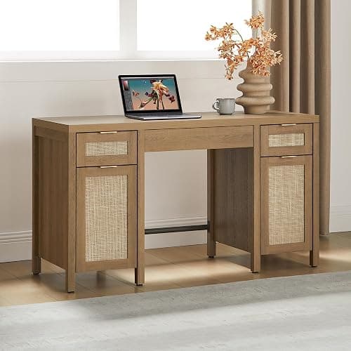 SICOTAS 52" Rattan Home Office Desk with 3 Drawers: Boho Executive Desk with 2 Storage Cabinets, Large Computer Writing Table for Study, Office, Living Room - Image 1
