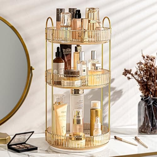 Makeup Organizer for Vanity, 360° Rotating Bathroom Organizer Countertop, High-Capacity Skincare Organizer, Spinning Cosmetics Organizer for Dresser Countertop (3 Tiers, Amber) thumbnail 5