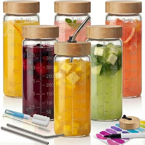 HomArtist 16oz Round Glass Juice Bottles with Lids, 6 Pack Reusable Juice Containers with Bamboo Lids, Glass Juicing jars with 4 Straws & 2 Airtight Lid with Hole for Drinking - Image 1