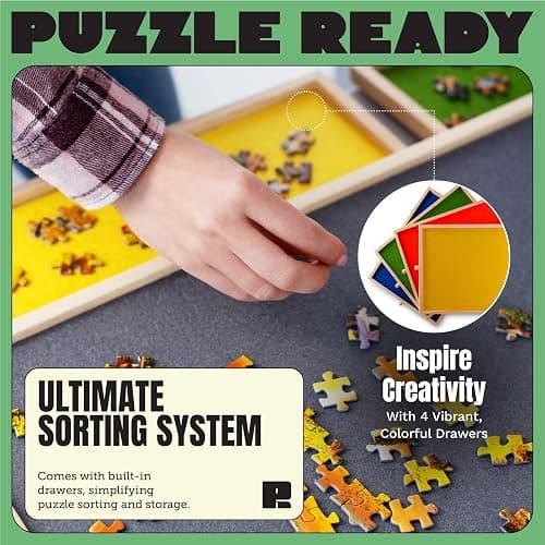 Puzzle Ready Puzzle Board with Drawers & Cover Mat - 1500-Piece Wooden Jigsaw Table - 37" X 28" Portable Board with Lazy Susan for Puzzlers - Colorful Puzzle Table Trays for Sorting - 1500 Pieces thumbnail 4