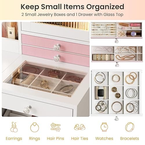 MSmask Makeup Vanity Desk with Mirror and Lights & Large LED Cabinet, Vanity Table with 2 Jewelry Boxes, 6 Drawers & Shelves, Dressing Table with Power Outlets for Women Girls Bedroom, White thumbnail 5